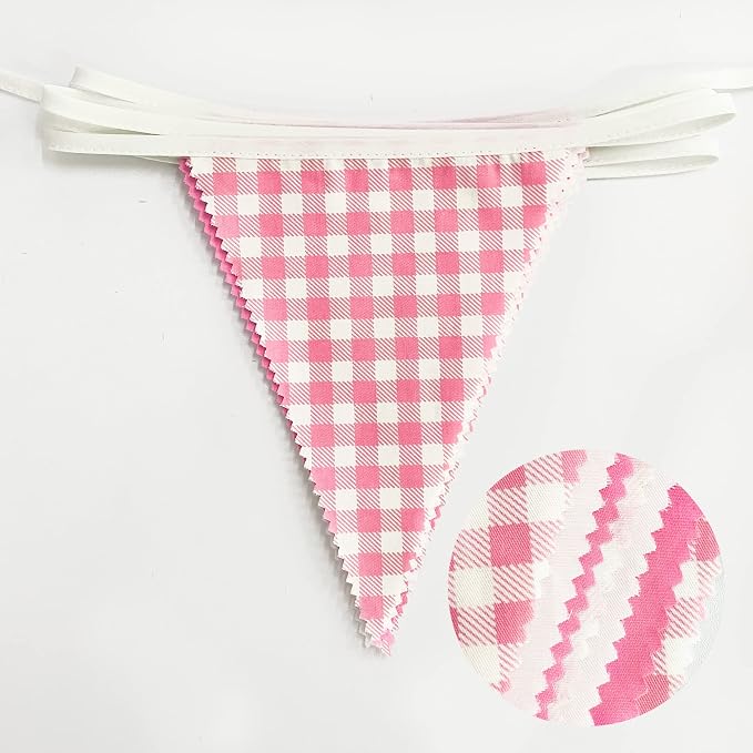 32Ft Hot Pink Plaid Checkered Pennant Banner Fabric Gingham Triangle Flag - Image 2