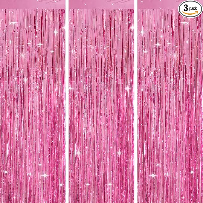 jijAcraft Pink Tinsel Foil Fringe Curtain, 3 Pack 3.2x6.5 Feet Pink Streamer by jijAcraft