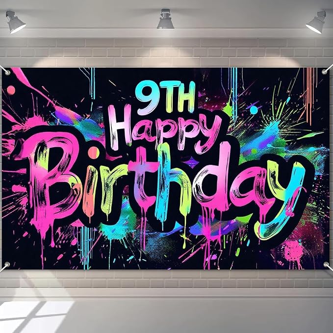 HOMETITUTE Neon 9th Birthday Banner Backdrop Decorations 71x43 Inch | Graffiti by HOMETITUTE