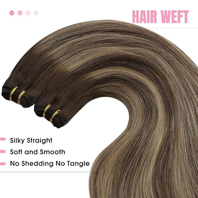 YoungSee 100g Weft Hair Extensions Human Hair Brown Balayage Sew in Hair Extensions Real Human Hair Dark Brown Mix Caramel Blonde Balayage Short Human Hair Weft Extensions 14In