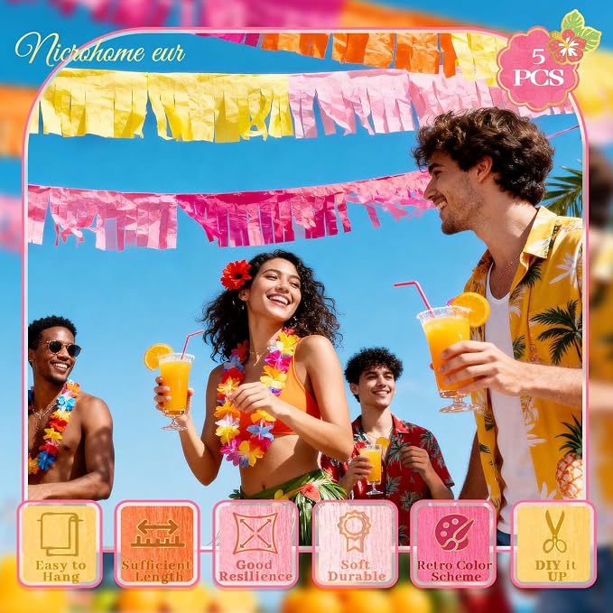 NICROHOME EUR Retro Orange Pink Summer Party Crepe Paper Streamers 5 Rolls | - Image 8