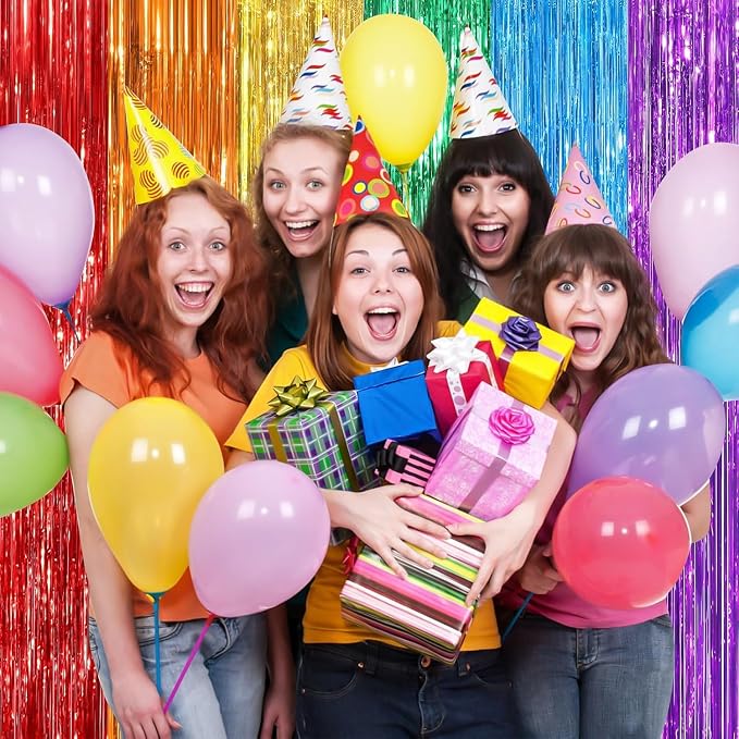 Rainbow Fringe Curtain Party Streamers 4Pack 3.3 x 8.3 Ft Foil Fringe Backdrop - Image 3