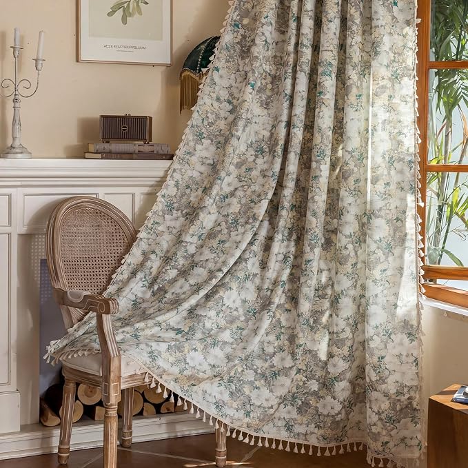 Floral Semi Sheer Rod Pocket 84 Inch Curtains 2 Panels by ENJOYBRIDAL