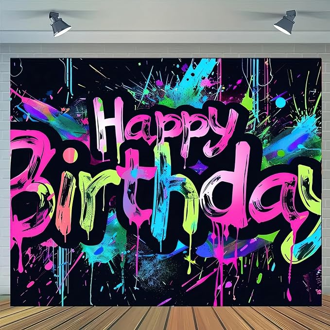 HOMETITUTE Neon Happy Birthday Banner 71x43 Inch Photography Backdrops | Glow by HOMETITUTE