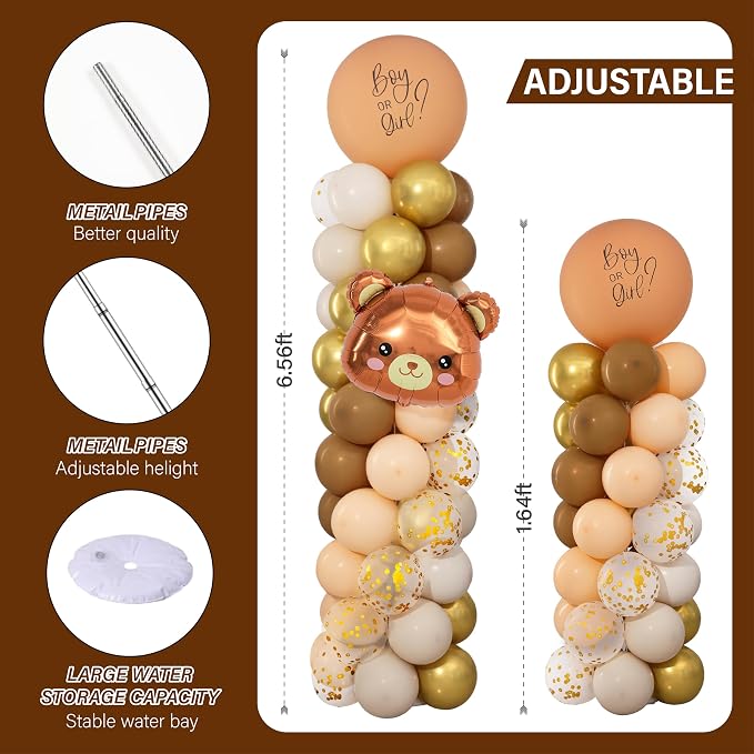 Bear Gender Reveal Balloon Column Stand Set of 2 | 104Pcs Brown Gold White - Image 3