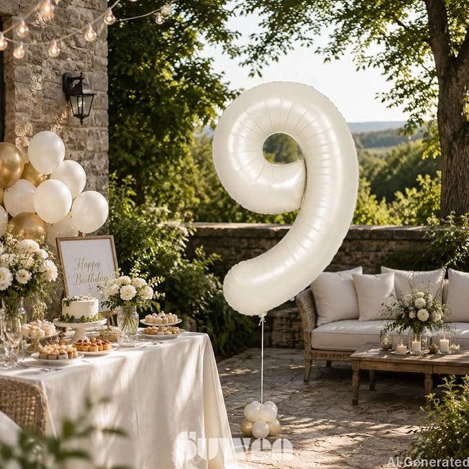 SUWEN 40 Inch Cream White Large 9 Balloon Numbers Big Foil Helium 0-9 | Jumbo - Image 2