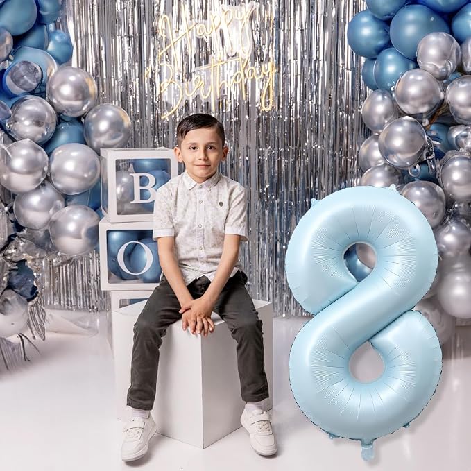 Foil 8 Balloon, Light Matte Blue Big Number 8 Balloons - Image 3