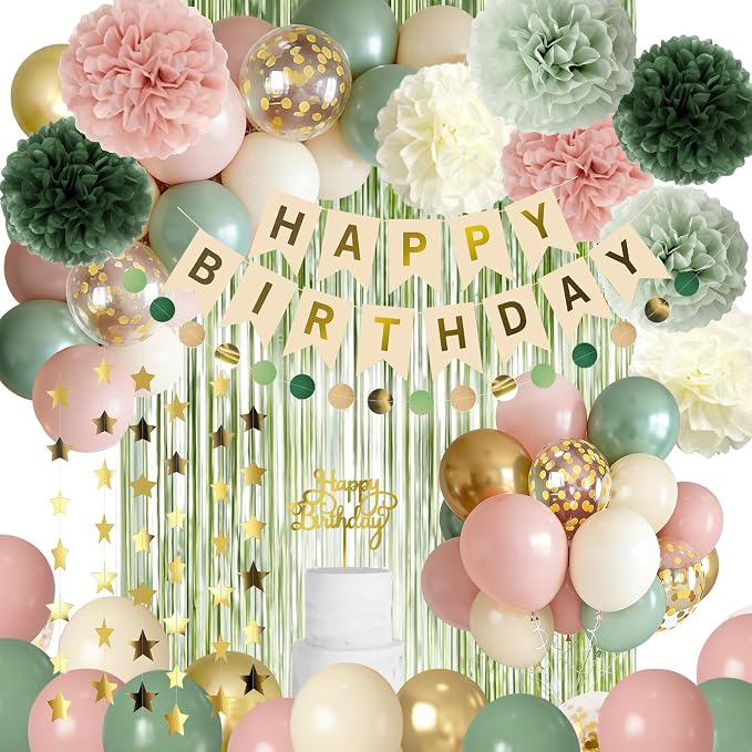 Pink and Sage Green Birthday Party Decorations by Iysoll