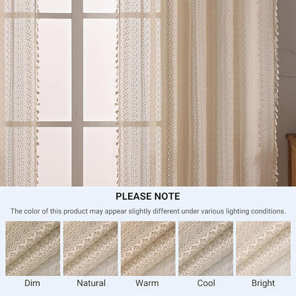 WAZZIO Boho Lace Curtains 90 Inches 2 Panel, Light Filtering Privacy Tassel & - Image 8