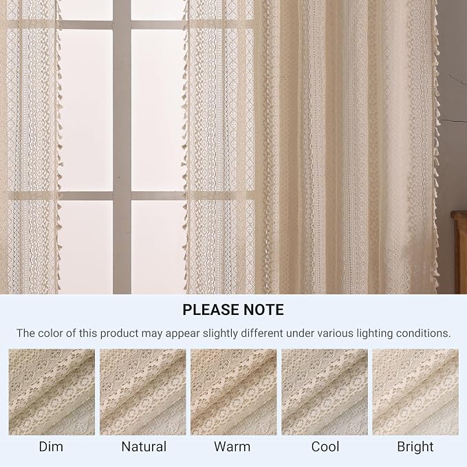 WAZZIO Boho Lace Curtains 45 Inches 2 Panel, Light Filtering Privacy Tassel & - Image 9