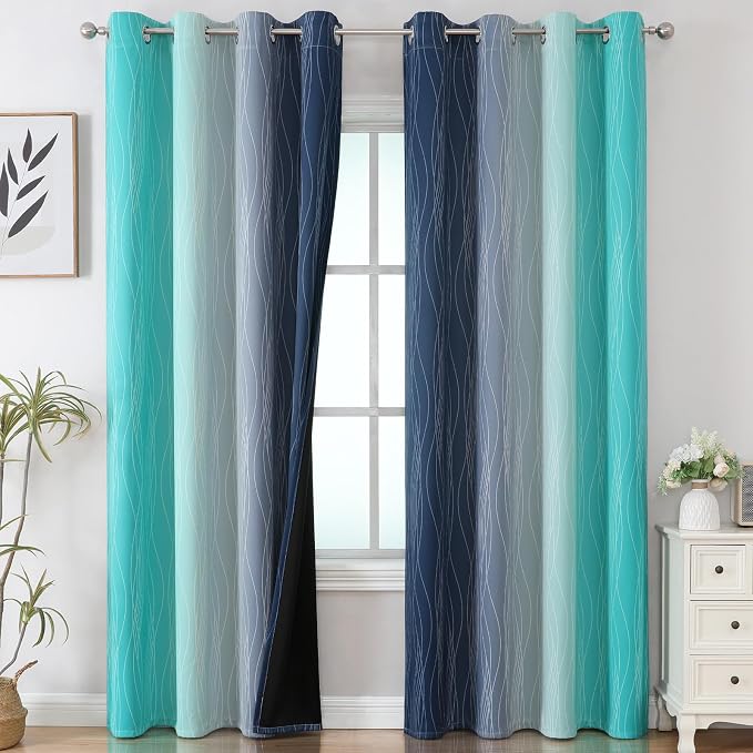 Navy Blue and Teal Ombre Blackout Curtains 90 Inches Long 2 Panels - Image 2