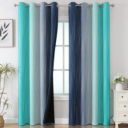 Navy Blue and Teal Ombre Blackout Curtains 90 Inches Long 2 Panels - Image 2