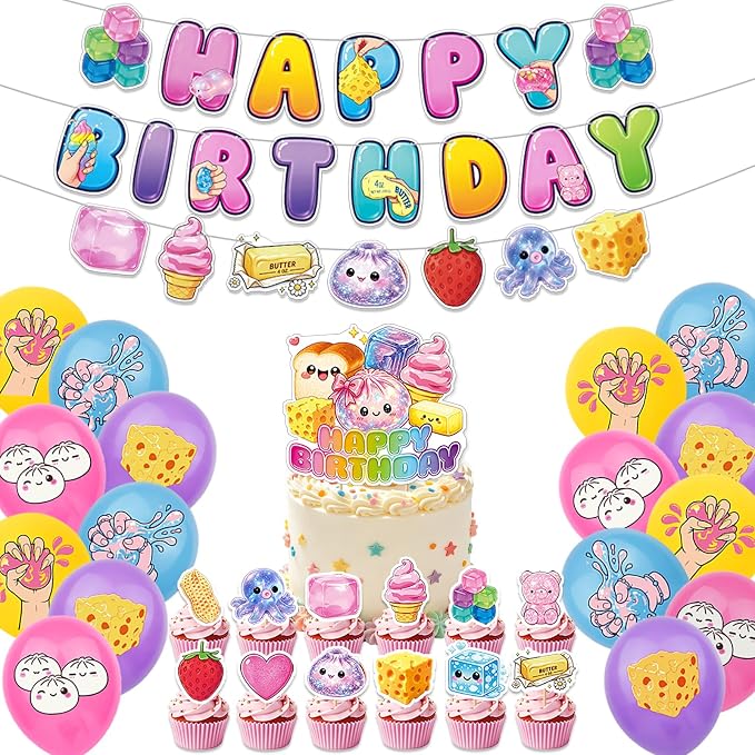 32Pcs Squishy Birthday Decorations, Includes Banner Balloons & Cake Topper | by DailyessentialsatCozyNuukee