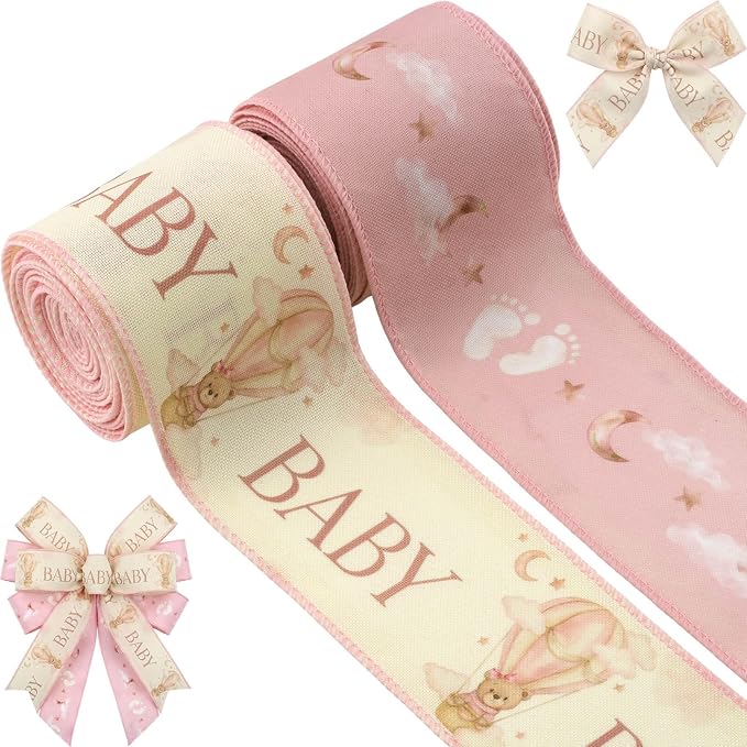 YKW 2.5 Inch Baby Pink Ribbon Wired Edge Teddy Bear Hot Air Balloon Ribbon by YKW