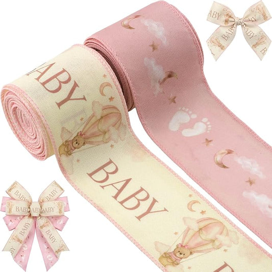 YKW 2.5 Inch Baby Pink Ribbon Wired Edge Teddy Bear Hot Air Balloon Ribbon by YKW