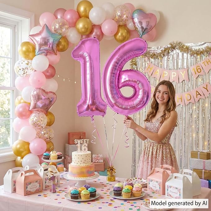 Pink Number 16 Balloon 40 Inch, Shimmering Foil Sweet 16 Party Supplies | - Image 2