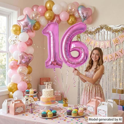 Pink Number 16 Balloon 40 Inch, Shimmering Foil Sweet 16 Party Supplies | - Image 2