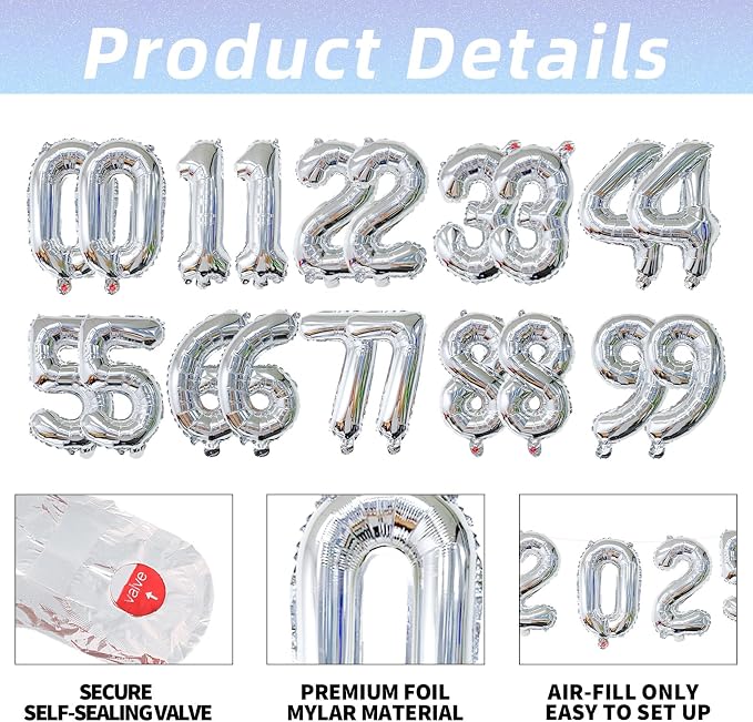 20 Pieces 2 Sets of 16 Inch Silver Number 0-9 Balloons – Foil Mylar Balloons - Image 3
