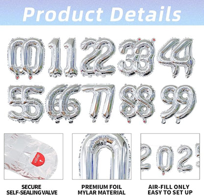 20 Pieces 2 Sets of 16 Inch Silver Number 0-9 Balloons – Foil Mylar Balloons - Image 3