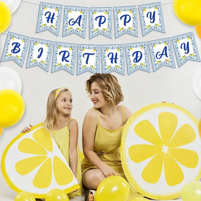 Lemon Happy Birthday Banner Blue Tiles Lemon Party Banner Triangle Flags Sign - Image 4
