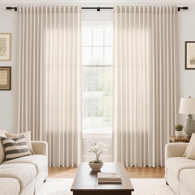 Beige Large Window Curtains Light Filtering Semi Sheer Privacy Linen Textured - Image 7