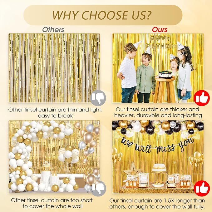 Birthday Party Decorations: 3 Pack 3.3 x 9.9 ft Gold Foil Fringe Curtains Party - Image 3