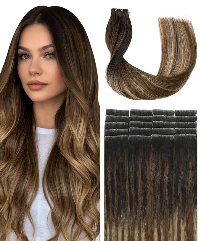 SURNEL Injected Seamless Tape in Hair Extensions 14 Inch Natural Black to Medium Brown and Caramel Blonde Invisible Tape in Extensions 20 Pcs 30g(#1B427,14)