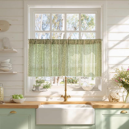 Sutuo Home Green Boho Curtain 52W x 18L inch White Striped Light Filtering by SutuoHome
