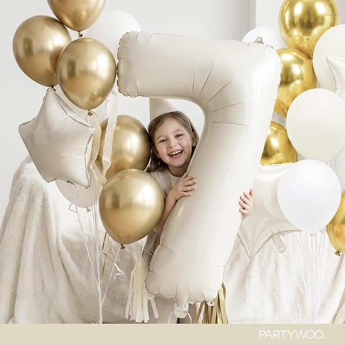 PartyWoo Beige Number 7 Balloon 40 Inch 25pcs White Sand Foil Star Gold | Foil - Image 3
