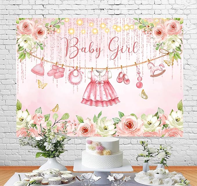 InMemory Pink Floral Baby Girl Baby Shower Backdrop Banner Decorations - Image 4