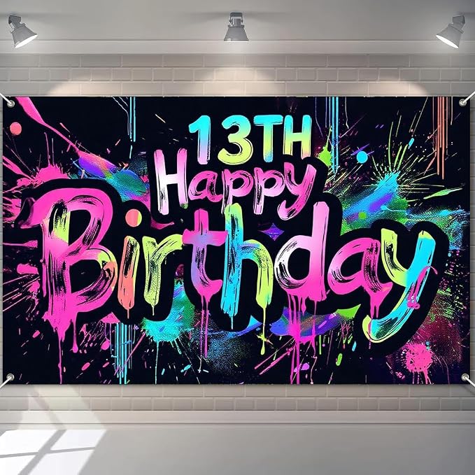 HOMETITUTE Neon 13th Happy Birthday Banner 71x43 Inch Glow Party Supplies | by HOMETITUTE