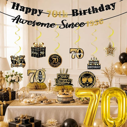 70th Birthday Decorations For Men Women, Pre-Strung Black Gold Happy 70th - Image 2