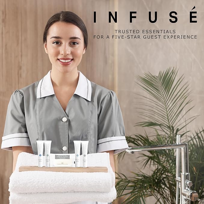 Infuse Pure White Tea and Coconut Hotel Soaps and Toiletries Bulk Set | 1-Shoppe All-In-Kit for Airbnb | 1oz Shampoo & Conditioner, Body Wash, Lotion & 1.25oz Bar Soap | Travel Size 150 Pieces