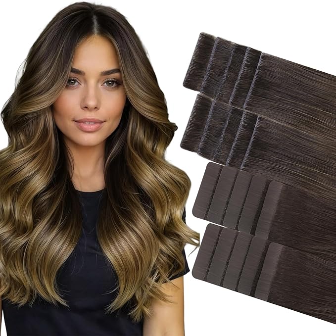 GOO GOO Invisi Edge Tape in Hair Extensions Human Hair, 1D/2C/4E Chocolate Dip Color Melt10pcs injected with 10pcs classical tape ins, 22inch 50g, Virgin Remy Hair, Natural Look