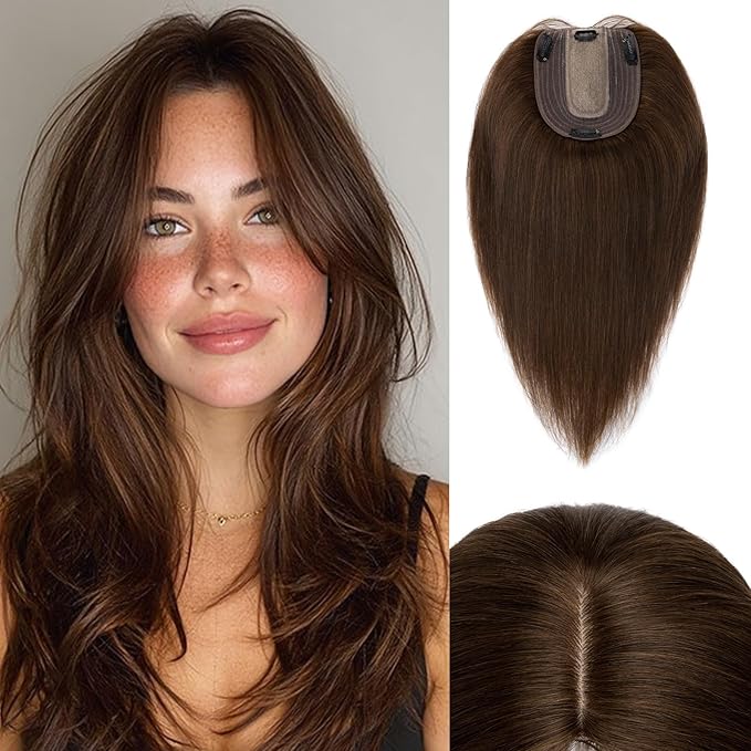 Rich Choices Hair Toppers for Women Real Human Hair 100% Human Remy Toppers NO Bangs for Women with Thinning on Top Clip in Hairpiece 4"x4.7"Lace Base 14 Inch #4 Medium Brown