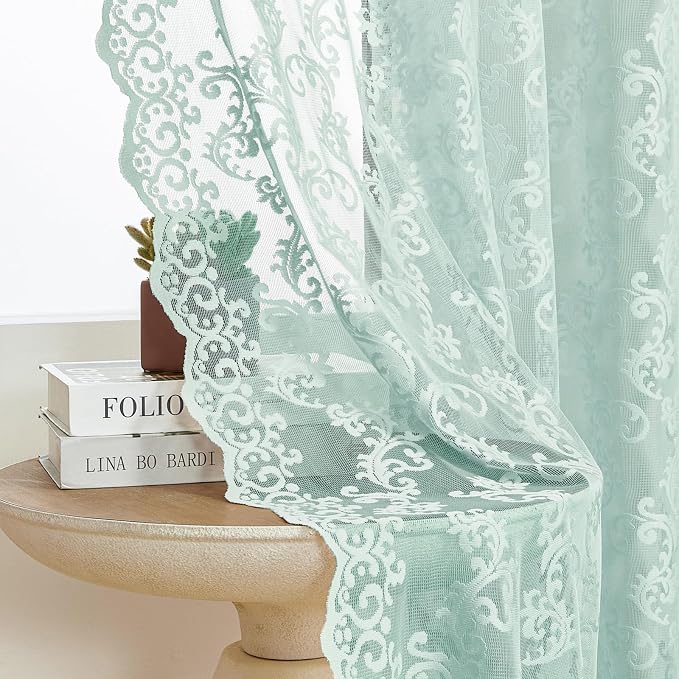FOLKSIDE Pastel Turquoise Lace Curtains 63 Inch Length Western Paisley Aqua by FOLKSIDEHomeDecoration
