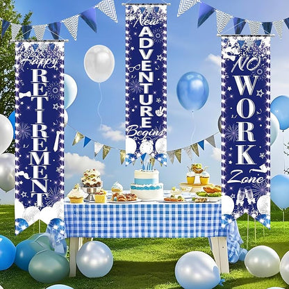 3Pcs Retirement Porch Sign Door Hanging Banner Blue Silver Happy Retirement - Image 2