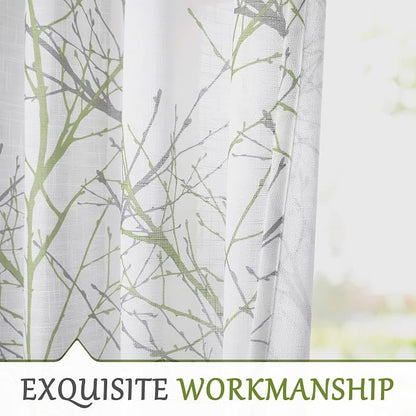 FMFUNCTEX Linen Sage Green White Semi Sheer Print Curtains 54 Inch 2 Panels | - Image 8