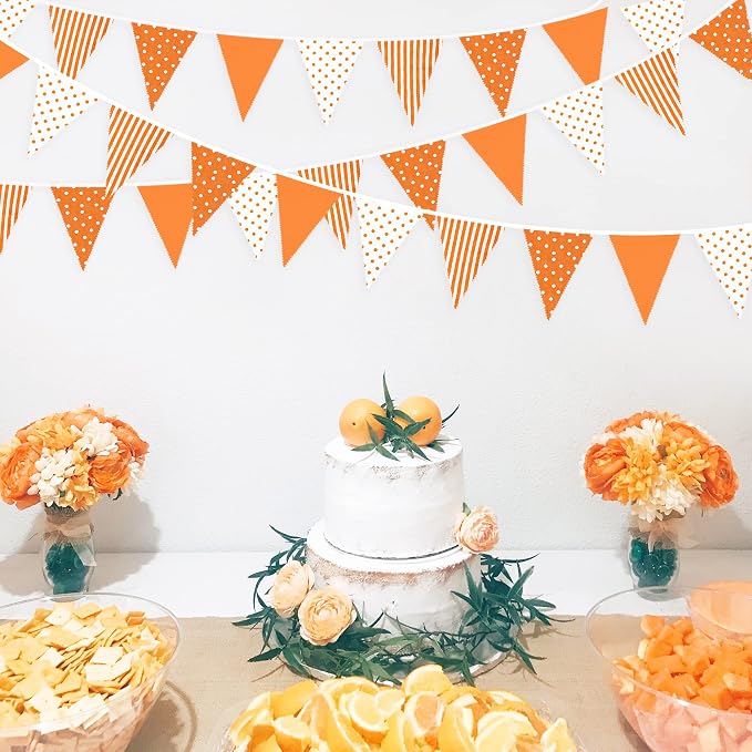 32Ft Orange Party Decorations Orange Stripe Dot Triangle Flag Fabric Banner - Image 3