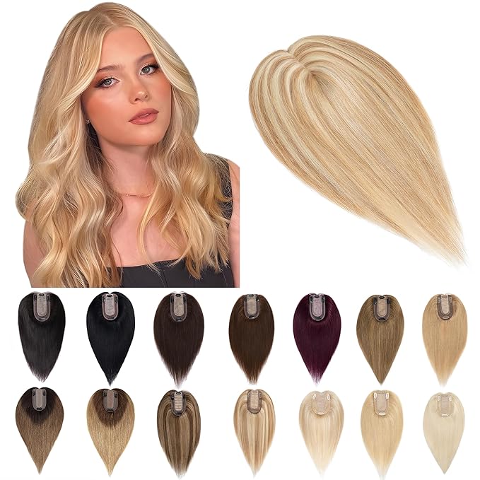 SEGO Human Hair Toppers for Women With Thinning Hair, 7 * 13CM Silk Base 100% Real Human Hair Clip in Top Wiglet Hairpieces -10 Inch No Bangs 12P613 Golden Brown&Bleach Blonde