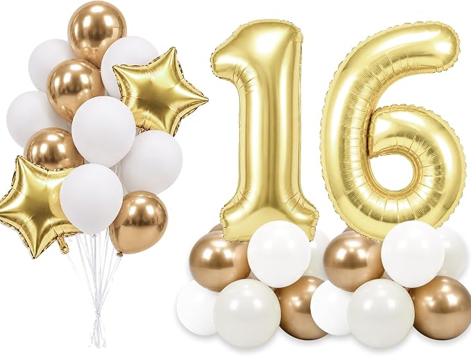 PartyWoo Number Balloons 40 Inch Gold Number 16 Kit 33pcs by PartyWoo