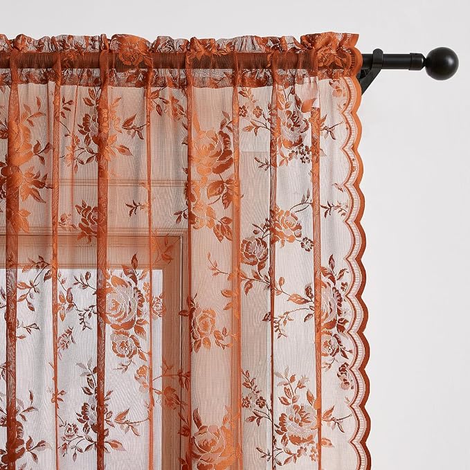 Burnt Orange Lace Curtains 54 Inch Length 2 Panels Country Rustic Floral Sheer - Image 4