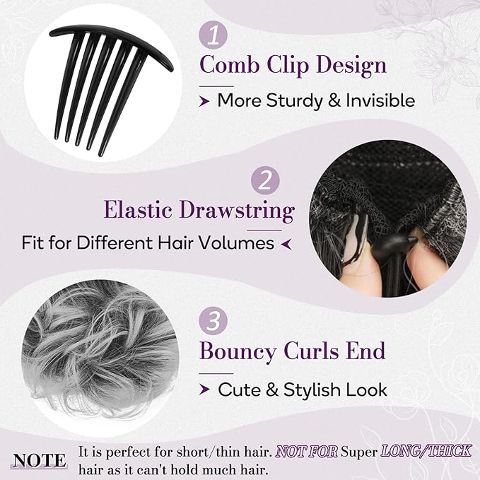 BARSDAR Drawstring Ponytail Extension - 10 Inch Short Wavy Ponytail Hair Extensions for Women - Synthetic Comb Clip in Ponytails Hairpieces Salt and Pepper Pony Tail - Dark Gray & White Tips