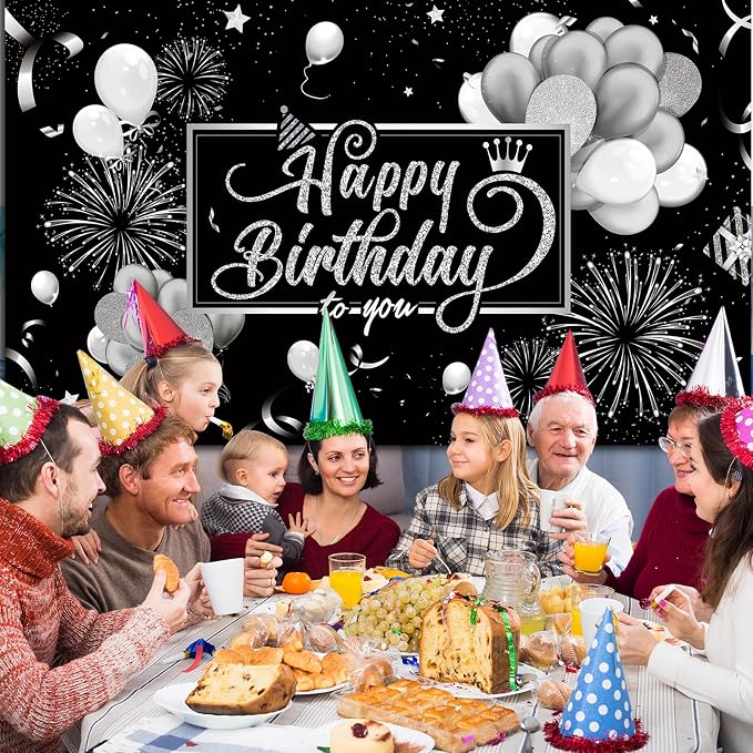 Blulu Happy Birthday Backdrop Banner Sign Poster Large Fabric Glitter Balloon - Image 5