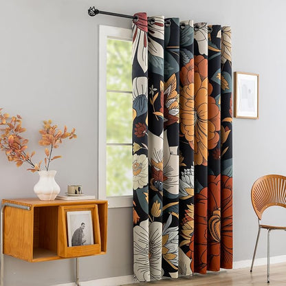 Tyrot Black Boho Floral Blackout Curtains - Image 2