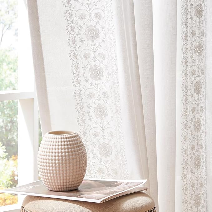 jinchan Floral Linen Curtains Embroidered Back Tab 50x72in 2 Panels White | by JINCHAN
