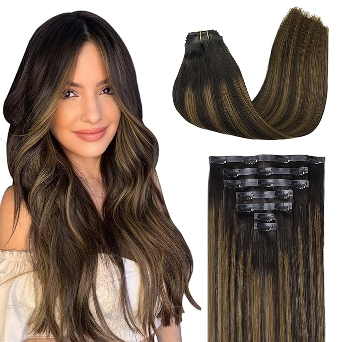 GOO GOO Clip in Hair Extensions Real Human Hair, Remy Human Hair Extensions Clip ins for Women, Natural Human Hair, 18inch 110g 7Pcs, 2/6/2 Balayage Dark Brown to Chestnut Brown