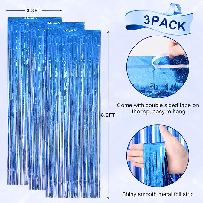 Voircoloria Laser Blue Foil Fringe Backdrop Curtains, 3 Pack | Tinsel Streamers - Image 4