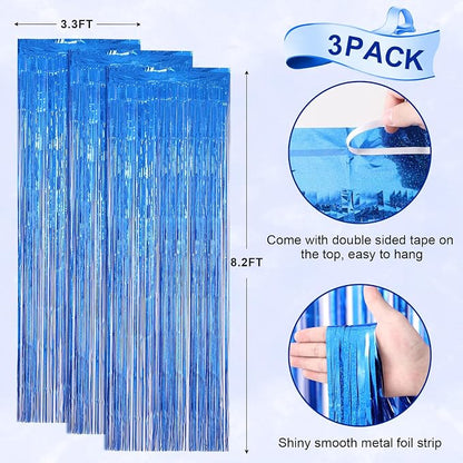 Voircoloria Laser Blue Foil Fringe Backdrop Curtains, 3 Pack | Tinsel Streamers - Image 4