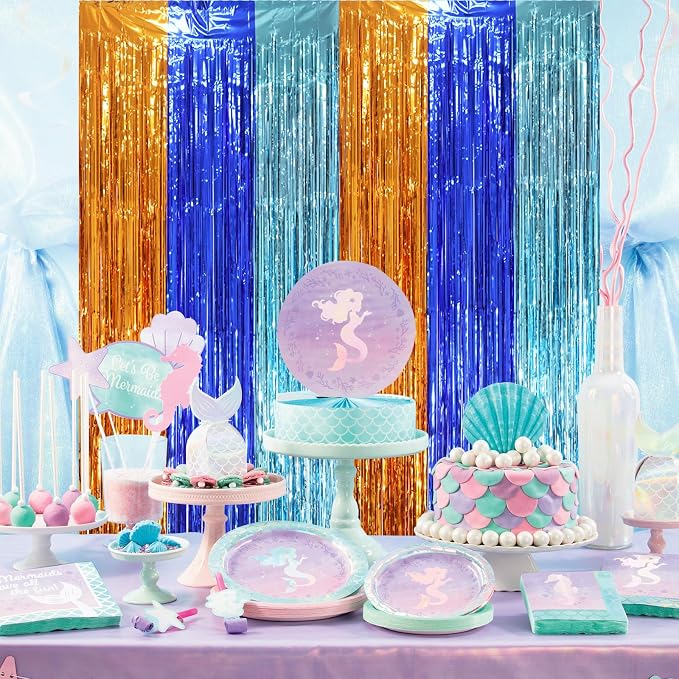 Voircoloria 3 Pack 3.3 x 8.2 ft Blue Orange Foil Fringe Backdrop Curtains - Image 5